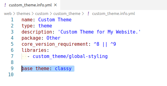 Screenshot on how to define the base theme in custom_theme.info.yml