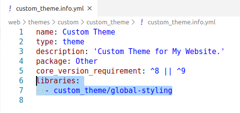 Screenshot that shows how libraries should be defined in custom_theme.info.yml