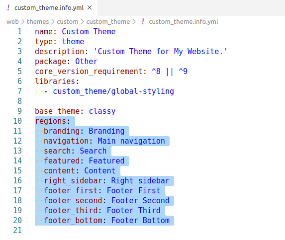 Screenshot on how to define regions in custom_theme.info.yml