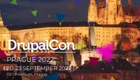 Drupalcon Prague 2022 dates and the place, with a photo of the city of Prague in the background