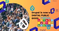 "Drupal is now a Digital Public Good" という一文の後ろにコミュニティーメンバー達の写真が組み合わされた画像